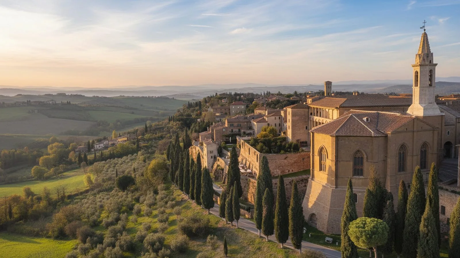 Pienza sulla collina con il campanile e la campagna della Val d'Orcia