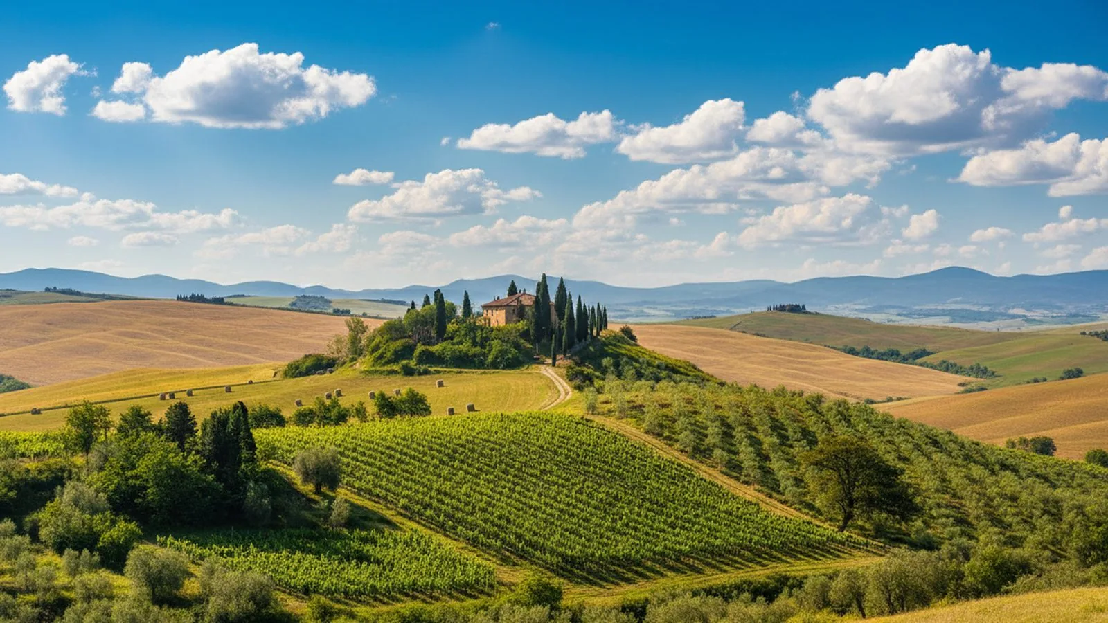 Colline, vigneti e cipressi della Val d'Orcia sotto un cielo azzurro